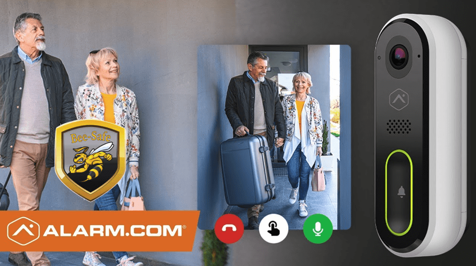 Im image of a Bee-Safe® Security Video Doorbell by alarm.com with middle-age couple.